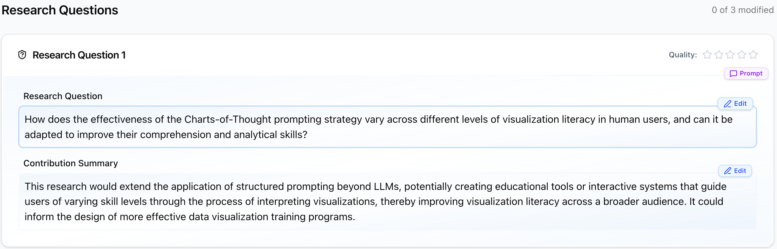 Inline editing of an AI-generated research question